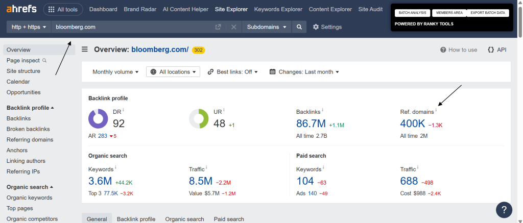 Ahrefs site explorer and search domain