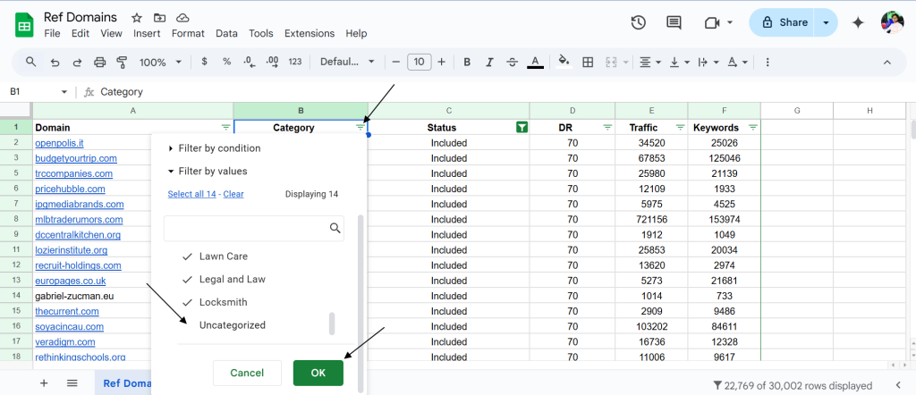 multiple categories in the Column B